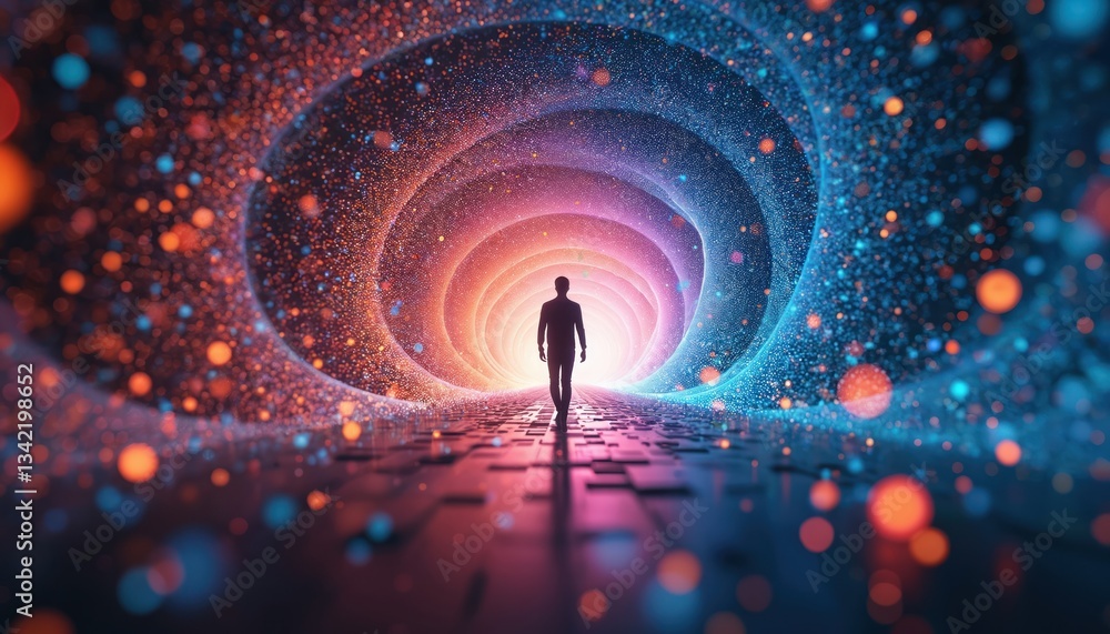 Poster Silhouette of man walks in glowing colorful tunnel made of data points. Representing fusion of human intuition, AI analysis, connection with future, technology evolution. Journey, destination,