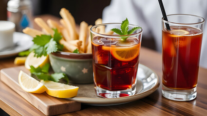 Refreshing drinks and delicious snacks shared in a cozy caf&eacute; setting. A warm and inviting table atmosphere that reflects social dining culture, relaxation, and a delightful beverage experience 67