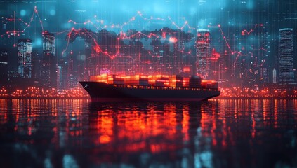 Cargo ship at night with city skyline and data network overlay. Red and blue light effects reflect on water