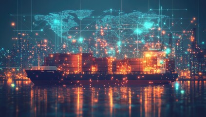 Night cityscape with a cargo ship, illuminated with glowing lights, and a digital network overlay showing global connectivity
