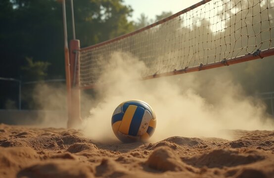 Dramatic low angle shot of volleyball on sand court with net. Smoke around ball after hit. Sport motivation banner, championship advertisement. Summer outdoor game, competition, beach volleyball