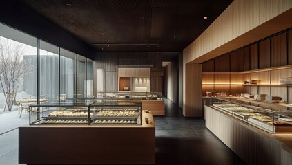 Minimalist bakery interior, pastries displayed, winter garden view, Japan