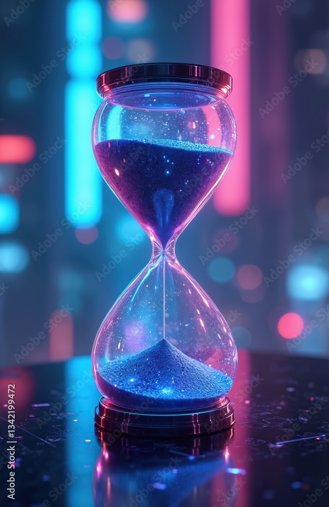 Poster Hourglass with sand running. Futuristic concept with glowing neon light on circuit board, time running out. Artificial intelligence abstract background. Digital clockwork illustration innovation.