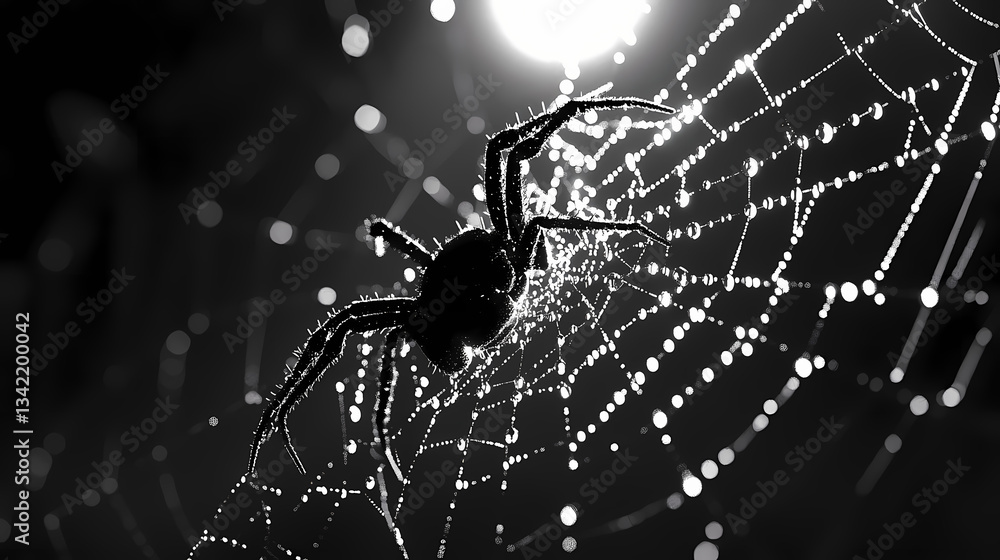 Wall mural intricate black and white digital rendering of a spider and its geometric web with droplets of morni