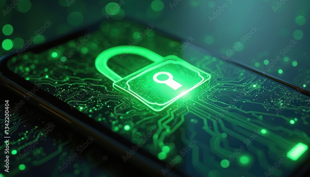 Poster Green glowing lock on smartphone screen with circuit board pattern data protection. Mobile security, encryption, digital safety. Securing mobile device, confidential information, end-to-end