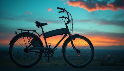 Naklejka premium A vintage bike stands out against a vibrant city skyline at sunset.
