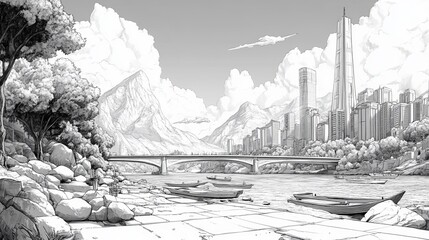 A charming black and white illustration of a town by a river with a bridge, perfect for coloring, is featured on the River Bridge Town Coloring Page