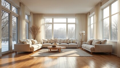 Fototapeta premium Sunlit living room features hardwood floors, winter landscape outside windows. Interior of cozy space, sofas with pillows, round wooden coffee table, minimalistic design, neutral colors. Elegant