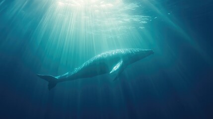 Fototapeta premium Majestic whale glides through deep blue waters, illuminated by s