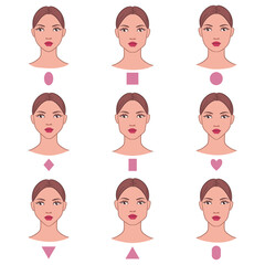 Vector cartoon illustration showcasing different female face shapes, including oval, square, round, diamond, rectangular, heart, inverted triangular, and long. Minimalist line drawing. 