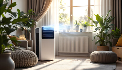 Modern portable air conditioner with cool fresh blue moving stream in living room. Summer cooling system installation. Ventilation system. Energy efficient climate control