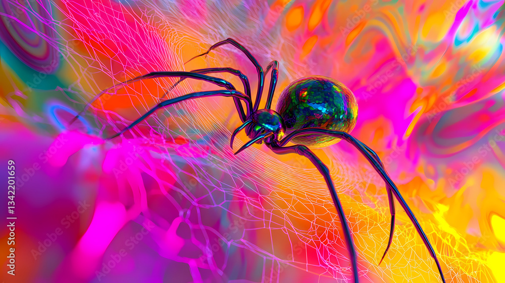 Wall mural spider and web on colorful background. 3d render illustration. psychedelic web. illustration
