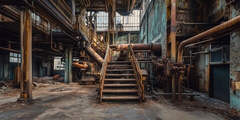 Rusty industrial staircase leading to decaying machinery in abandoned factory
