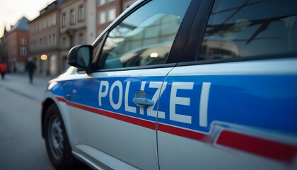 German police car parked on a city street, with buildings and pedestrians reflected in the window.