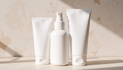 Unbranded skincare products with blank labels for cosmetic branding and design mockup