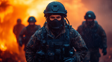 Naklejka premium Military tactical soldier walking through fire with protective equipment and mask, emergency response team advancing in dangerous environment concept of rescue operation and courage