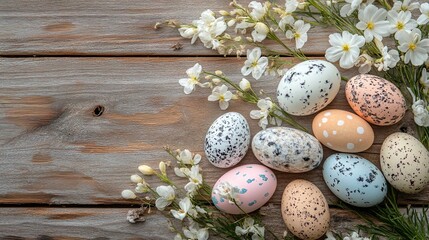 Obraz premium Decorated Easter eggs on rustic wooden background with flowers
