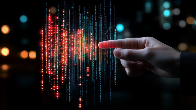 Futuristic digital interaction. A human hand connects with a cyber network, visualizing artificial intelligence, deep learning, cloud computing, and cybersecurity.