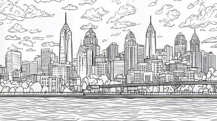 Fototapeta premium This detailed line art coloring page depicts the Baltimore, Maryland skyline, complete with city buildings, trees, and waterfront, embodying urban life, architecture, and nature