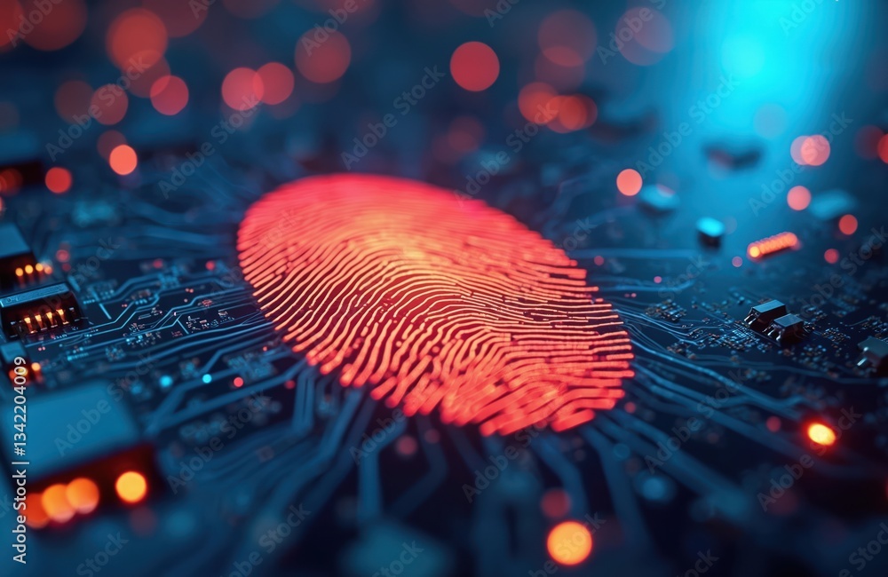 Aufkleber Glowing red fingerprint over motherboard. Digital footprint scan shows computer data security concept. Biometric identification system, network safety, access protection. Cybernetic technology