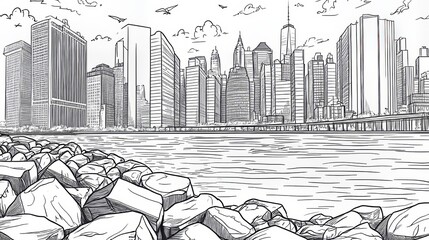 The Boston Skyline Coloring Page is a detailed line art coloring page that showcases the Boston skyline, representing urban architecture, coastal beauty, historical significance, and city life