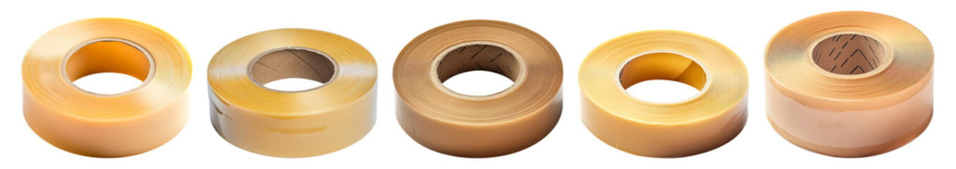 Four Rolls of Transparent Adhesive Tape on Display for Crafting, Isolated on Transparent Background