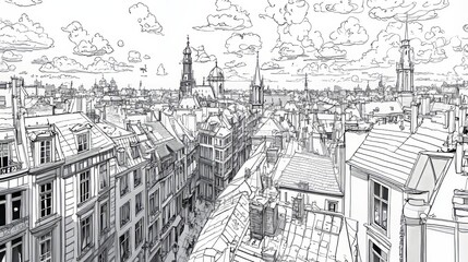 Fototapeta premium A detailed line art coloring page of Brussels Belgium Cityscape features architecture, trees, a canal, and a church spire, symbolizing history in a detailed illustration