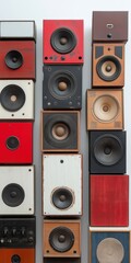 Obraz premium A row of speakers are lined up, with some being red and some being white. The speakers are all different sizes and shapes, and they are arranged in a way that creates a visually interesting display