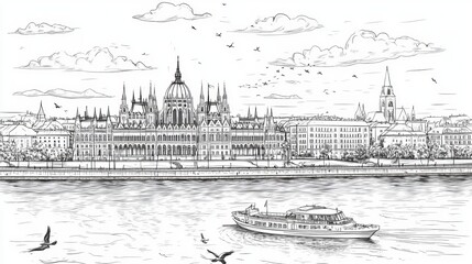 Fototapeta premium A detailed line art coloring page featuring the iconic Hungarian Parliament Building and the Danube River, symbolizing architecture, history, and travel, is available as the Budapest Parliament Line