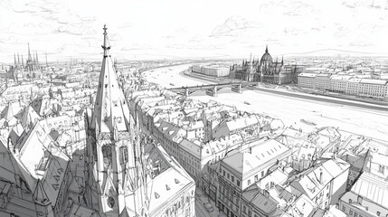 Fototapeta premium This line art coloring page showcases the iconic Budapest Parliament Building and Chain Bridge in intricate detail, representing architecture, history, travel, and cityscape