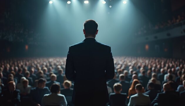 Rear view of leader standing on stage, giving speech before seated audience in large auditorium. Public speaker presents business strategy, shares motivational message in corporate event. Conference