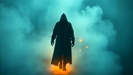 enigmatic figure shrouded in mystique a hooded silhouette stands amidst ethereal fog and glowing runes invoking an atmosphere of arcane power