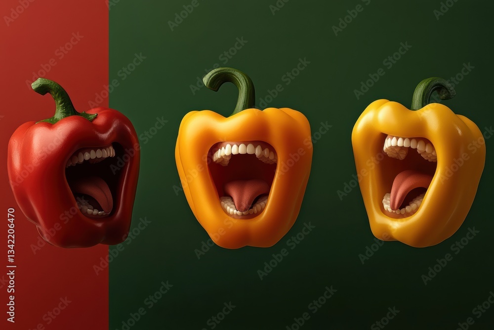 Poster joyful bell pepper characters bring cheer to a colorful setting filled with smiles generative ai