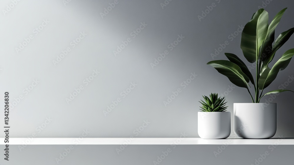 Aufkleber minimalist shelf adorned with a succulent and lush foliage against a serene backdrop generative ai