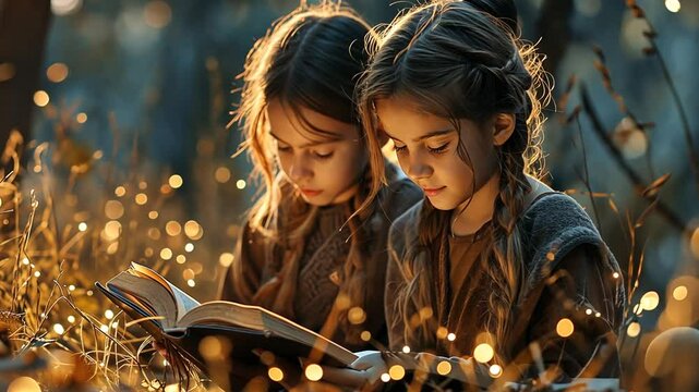 Zwei M&auml;dchen lesen ein Buch bei Kerzenlicht in der Nacht