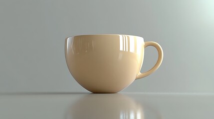 A large ceramic coffee cup sits alone on a reflective surface