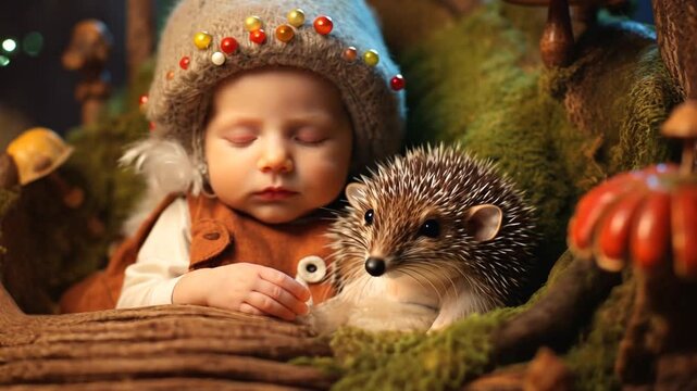 Kleinkind schl&auml;ft neben einem kleinen Igel in einem Herbstwald