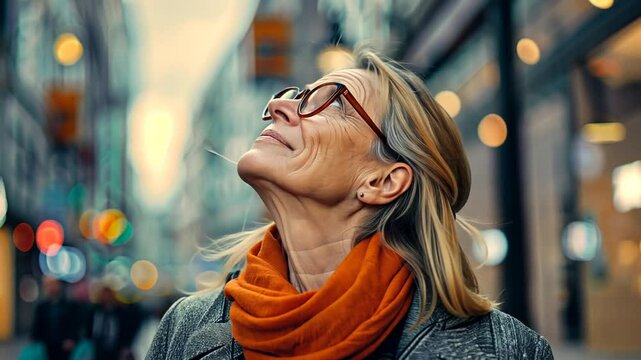 &Auml;ltere Frau mit Sonnenbrille l&auml;chelt in die Ferne voller Lebensfreude