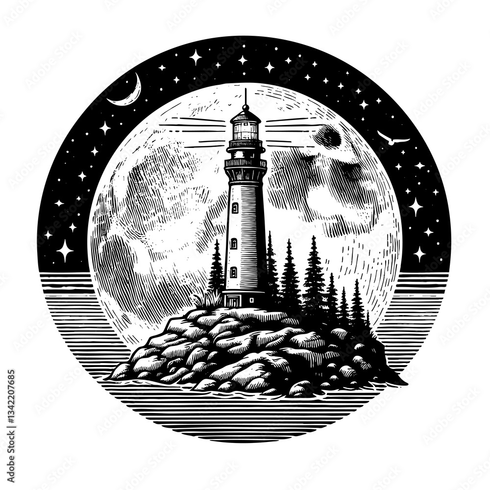Poster tall lighthouse standing on ocean waves with a massive, cratered moon in the background sketch engra