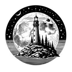 Fototapeta premium tall lighthouse standing on ocean waves with a massive, cratered moon in the background sketch engraving generative ai PNG illustration. Scratch board imitation. Black and white image.