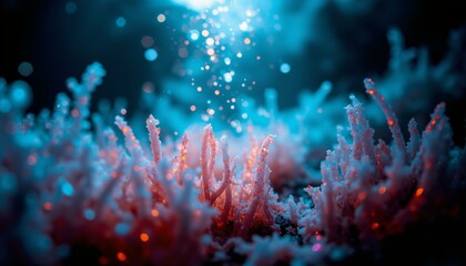 Fototapeta premium Iridescent droplets in a gelatinous matrix with crystal-like filaments and shimmering light rays in a dimly lit underwater setting.