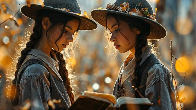 Zwei M&auml;dchen lesen gemeinsam ein Buch bei Sonnenuntergang
