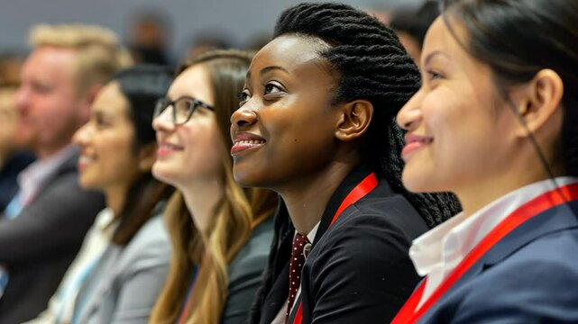 Menschen sitzen aufmerksam in einer Konferenz und h&ouml;ren zu