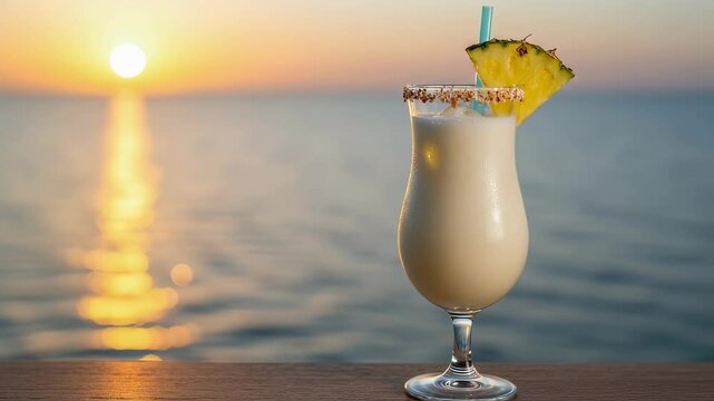 Refreshing pina colada cocktail with pineapple slice and blue straw by the ocean during sunset scenic view cinematic video footage for bars and restaurants promotion