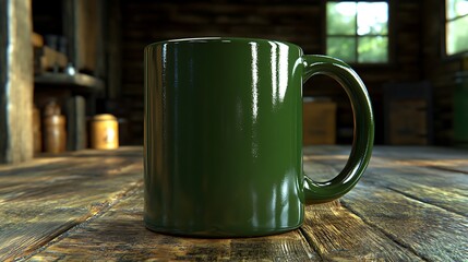 A green ceramic mug sits upon a rustic wooden surface