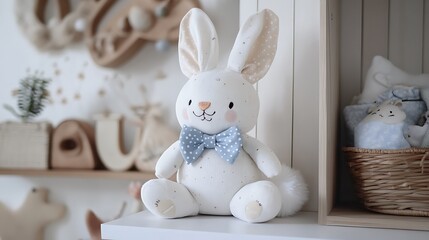 Adorable White Rabbit Toy Sitting On Shelf
