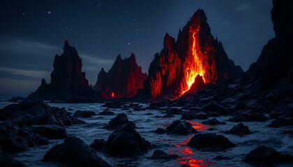 Dark ocean depths, volcanic rock formations, jagged pillars, rough textures, crimson hues, inky black bases, starlit night sky.