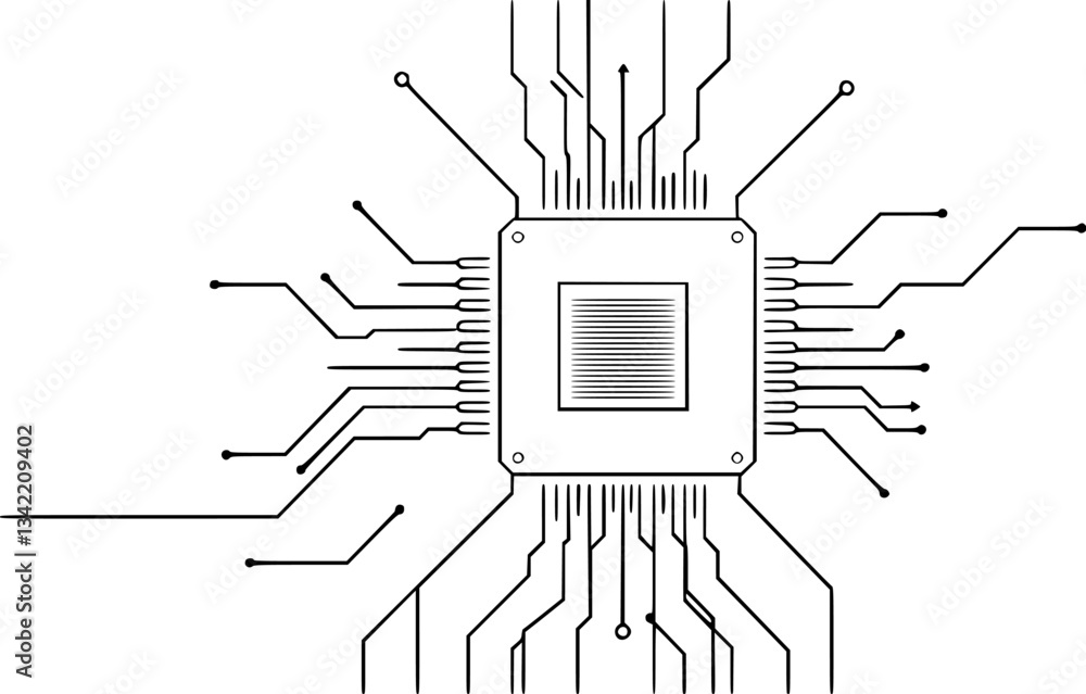Aufkleber outline of a microchip digital processor illustration minimal vector design