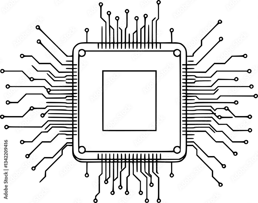 Aufkleber outline of a microchip digital processor illustration minimal vector design