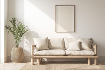 Sunlit living room, beige sofa, empty frame, plant, mockup